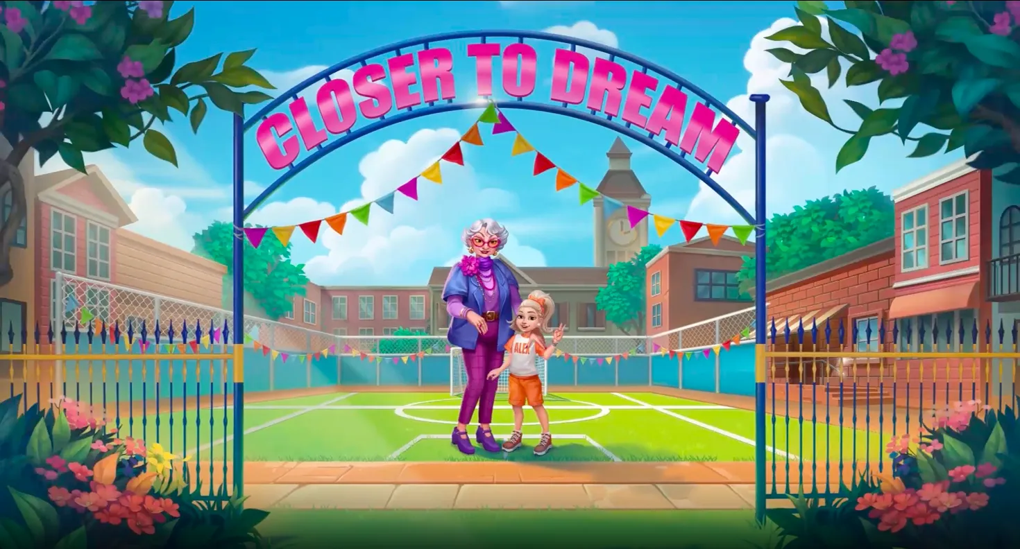  Festive pink school gate decorated with balloons and banners, featuring two characters standing together.
