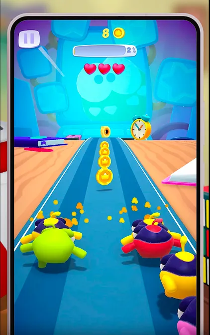 Mobile game screenshot showing a 3D runner on a wooden desk surface with golden coins aligned along a blue track, books, alarm clock, and yellow chick characters in a colorful bedroom setting.