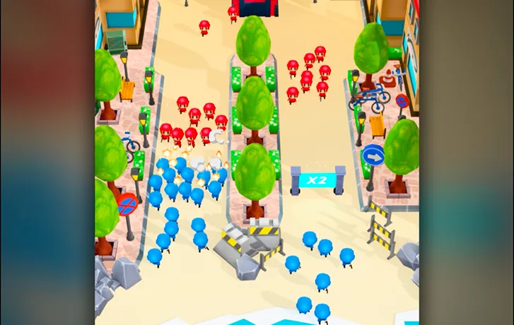 Top-down view of a game scene showing red and blue characters grouped on a street with trees and road signs.