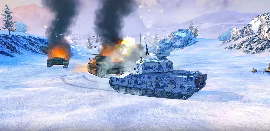 Three tanks in a snowy mountainous landscape with two tanks on fire and smoke rising.