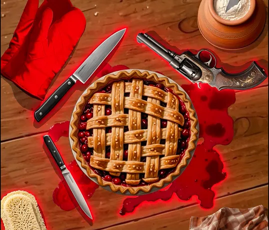 Cherry pie with a lattice crust on a wooden table surrounded by two knives, a red oven mitt, a revolver, and spilled red liquid resembling blood.