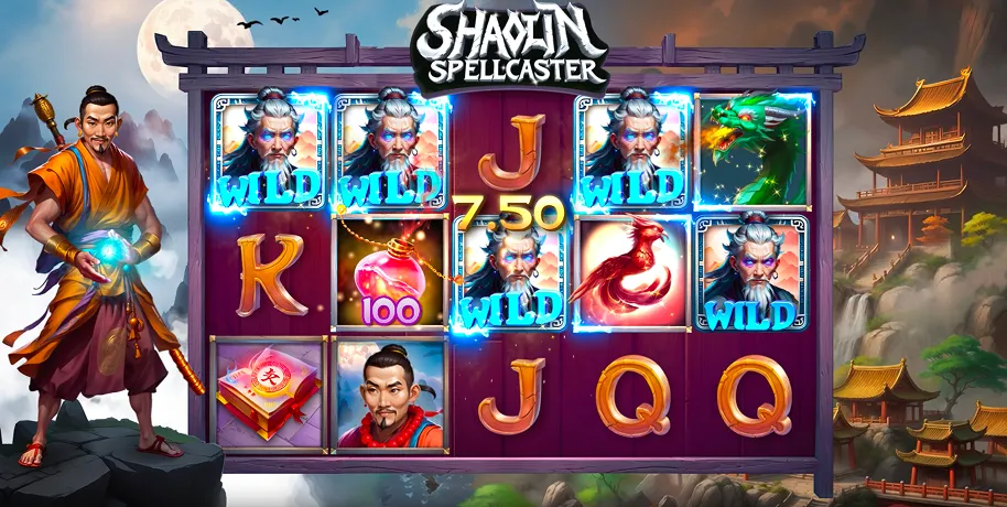 Vibrant promotional artwork for the "Shaolin Spellcaster" slot game, featuring a mystical Shaolin monk in orange robes wielding glowing blue magic energy on a rocky outcrop. Behind him looms a 5x3 slot reel grid packed with wild symbols (labeled "WILD"), card royals (J, K, Q), golden treasures, dragons, and elderly sages, all set against ornate Chinese temple gates, misty mountains, and a full moon under a purple sky. Glowing win highlights like "750 WILD" and "100" add excitement to the fantasy-themed casino interface.

