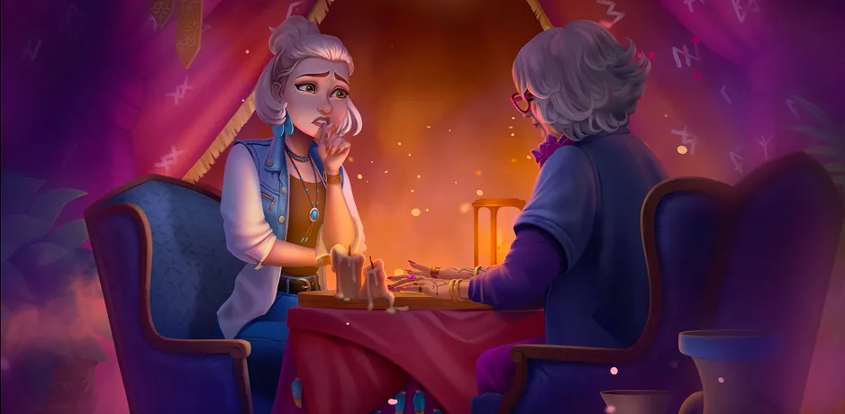 A young woman anxiously sits across from a fortune teller reading tarot cards in a dimly lit, mystical tent.