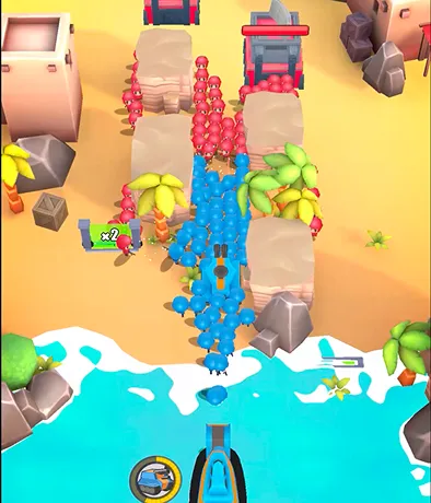 Top-down view of a battle scene in a mobile game with blue and red characters lined up near palm trees and rocks on a sandy beach with water in the foreground.