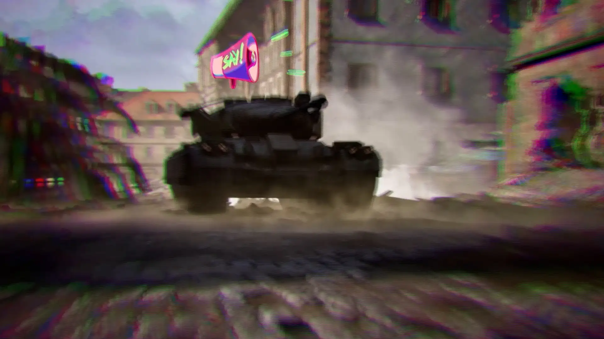 A tank moving rapidly on a cobblestone street in a war-torn urban area with a pink megaphone graphic above it saying 'SAY!'