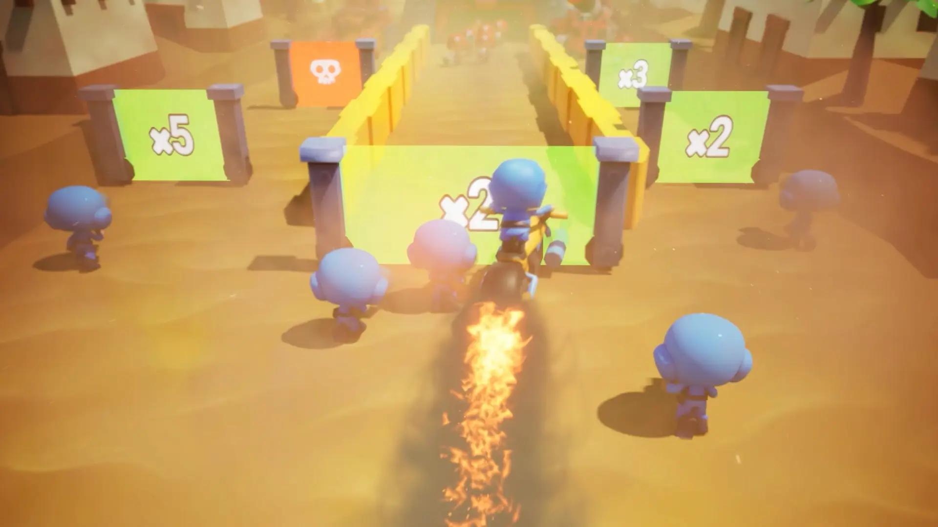 Animated character on a flaming motorcycle racing towards gates marked with multipliers and obstacles, surrounded by small blue figures.