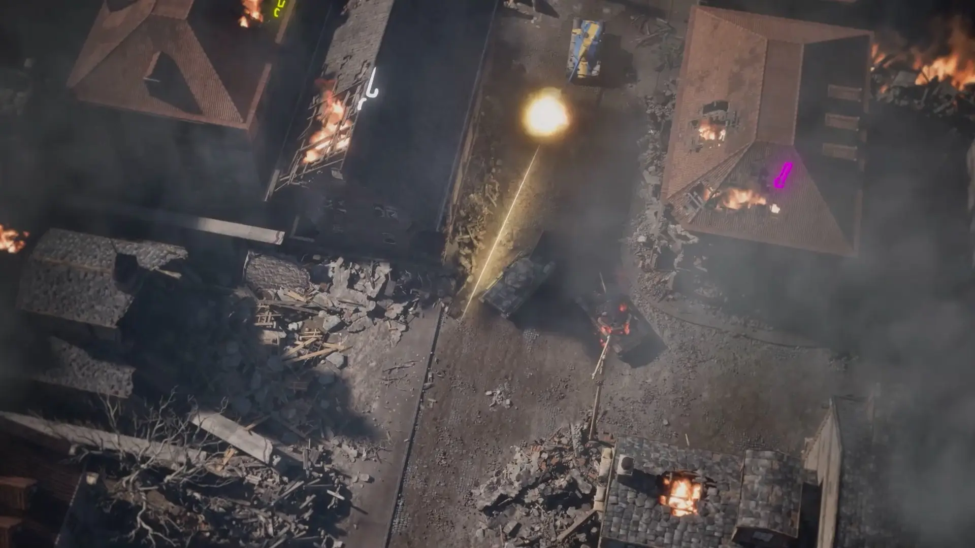 Aerial view of a battlefield with tanks firing amidst burning, damaged buildings and rubble.