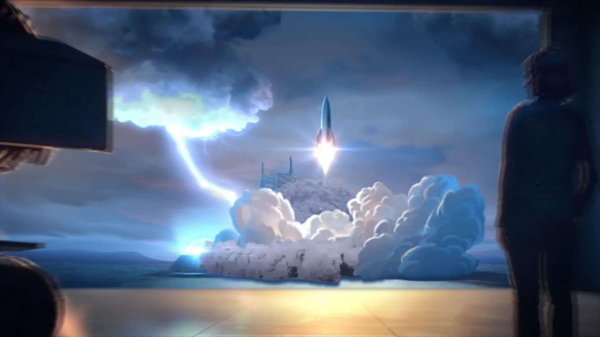 Rocket launching upward with smoke and lightning in a cloudy sky, viewed from behind a person on the right.