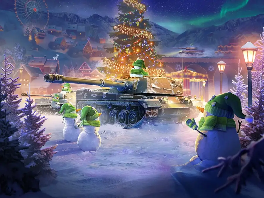 Snowmen wearing green hats and scarves surrounding two tanks in a snowy village decorated for Christmas with a large lit tree and northern lights in the sky.