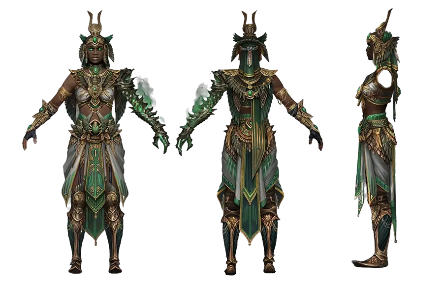 Character in ornate Egyptian-inspired armor with gold and green details shown from front, back, and side.