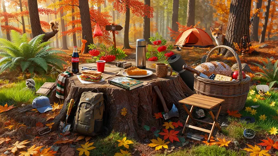 Autumn forest picnic scene with a tree stump table holding food, drinks, a book, and camping gear, with animals and an orange tent in the background.