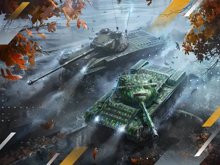 Two military tanks with camouflage patterns driving through a muddy, leaf-strewn terrain surrounded by autumn foliage.