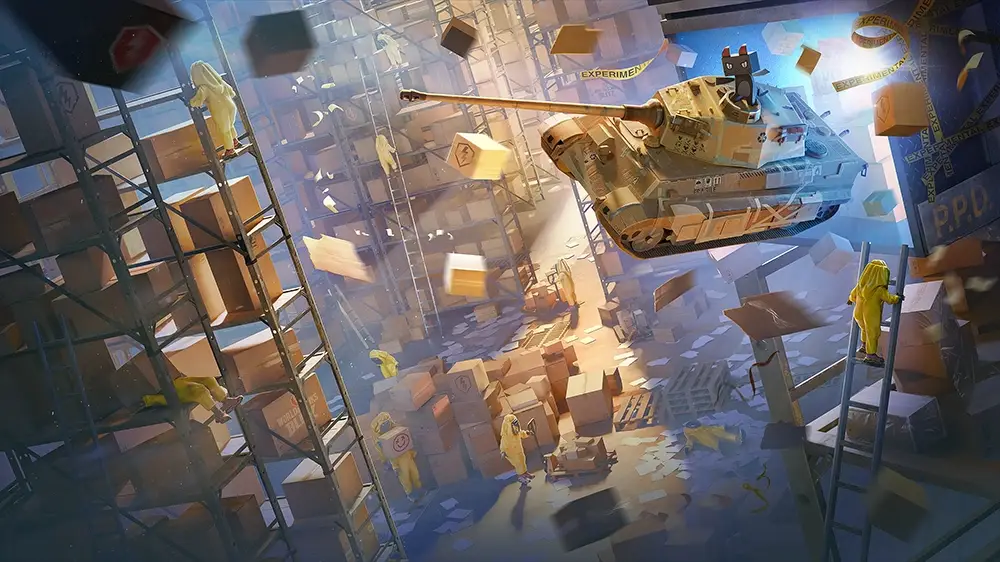 Warehouse with floating boxes and a military tank, several people in yellow hazmat suits climbing ladders amid scattered papers.