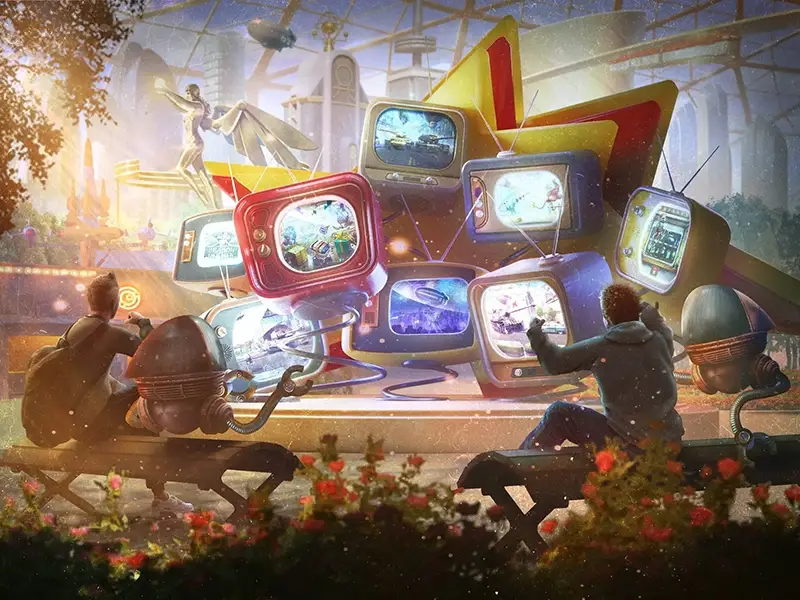 Two people sitting on benches watching multiple retro televisions displaying different sci-fi scenes in a futuristic park with flowers and statues around.