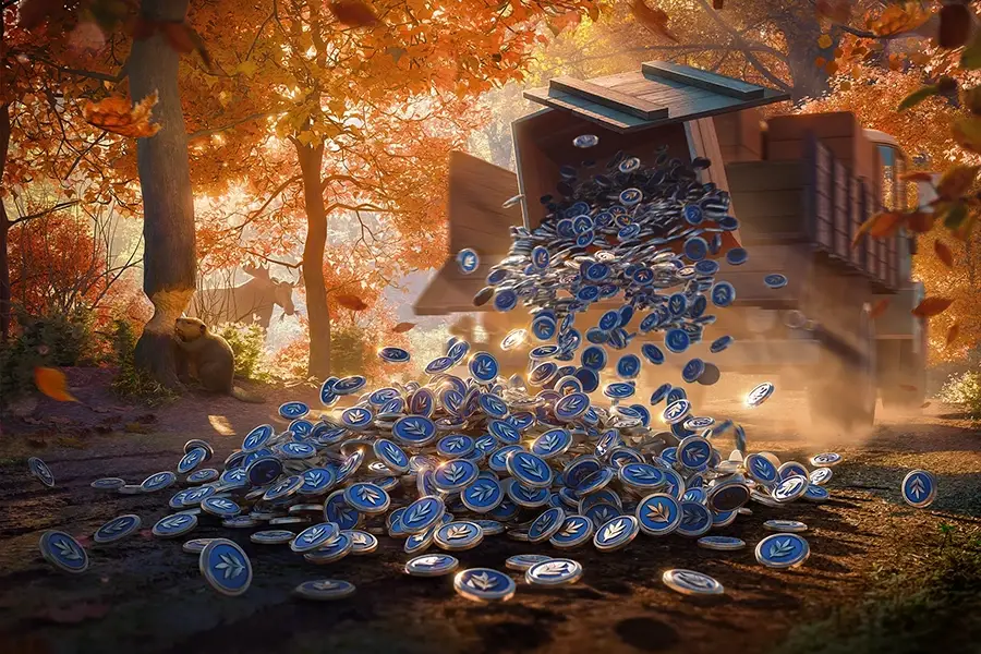Wooden cart tipping over in an autumn forest, spilling numerous blue coins with leaf symbols onto the ground near a bear and a deer.