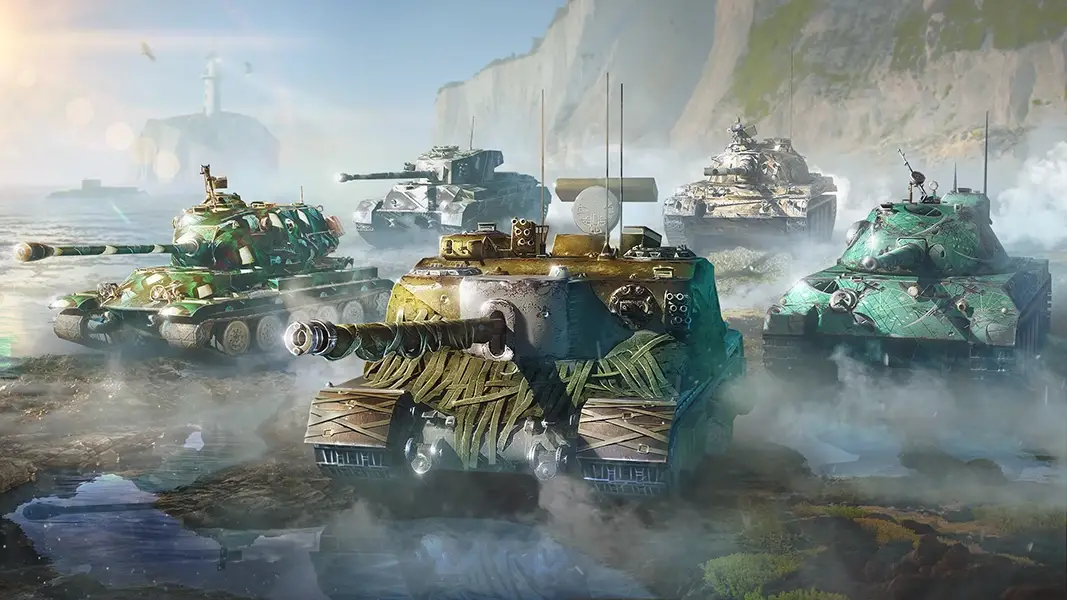 Five military tanks advancing through a misty rugged landscape with cliffs and a lighthouse in the background, under a hazy sky.