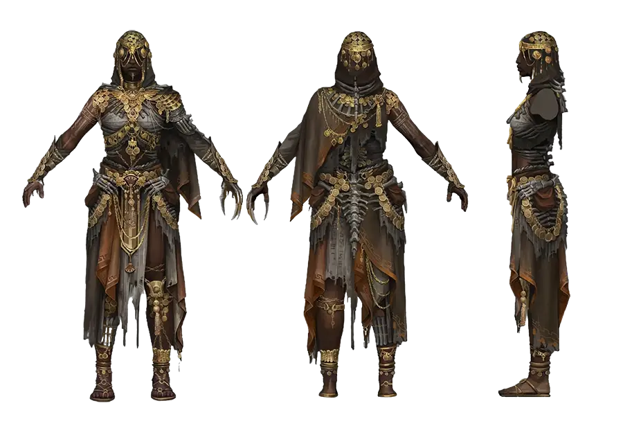 Character design of a dark-skinned warrior adorned in tattered brown and gray robes, ornate gold jewelry, and skeletal armor pieces, shown from front, back, and side.