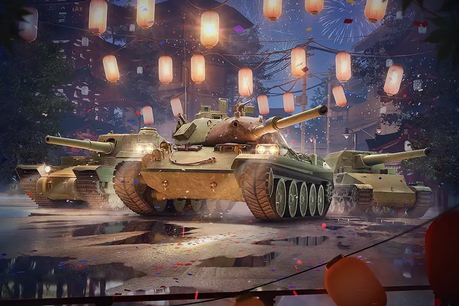 Three military tanks driving on a wet street at night decorated with hanging lanterns and fireworks in the background.