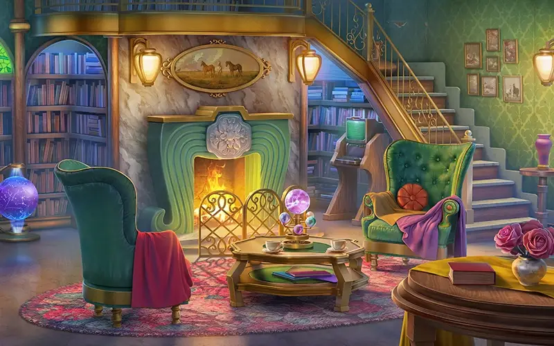 Cozy library room with green armchairs, a lit fireplace, bookshelves, a wooden coffee table with teacups, and a glowing crystal ball.