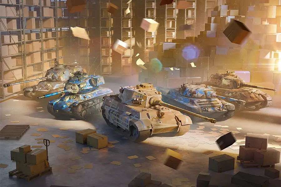 Five detailed military tanks positioned inside a warehouse with boxes and papers scattered around, illuminated by warm sunlight.