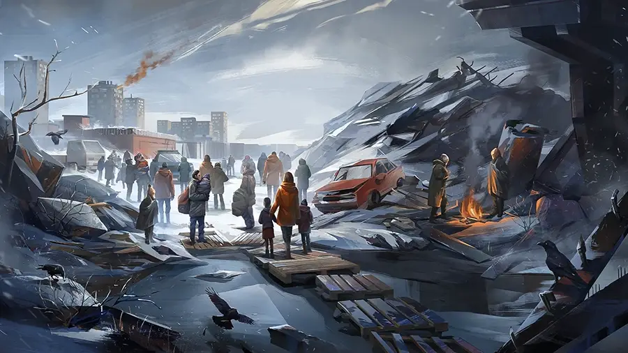 Group of people walking through a cold, snowy, post-apocalyptic urban landscape with an abandoned car, a fire burning, and birds flying around.