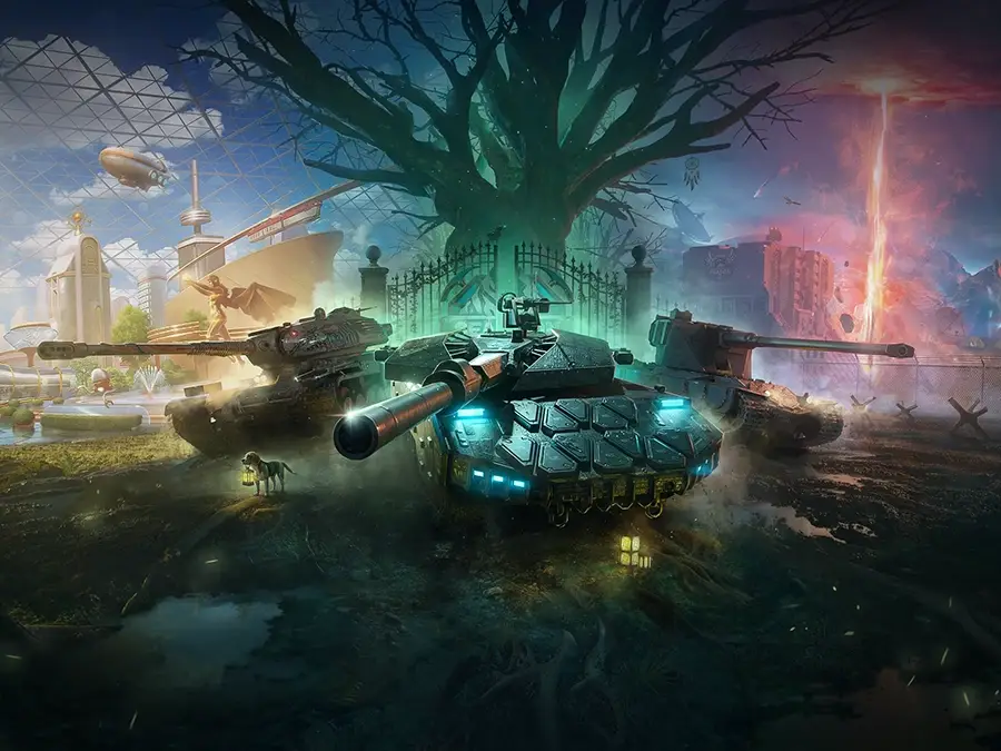 Three futuristic tanks positioned in a dark, foggy battlefield with a large tree and a gated entrance in the background under a dome-like structure.