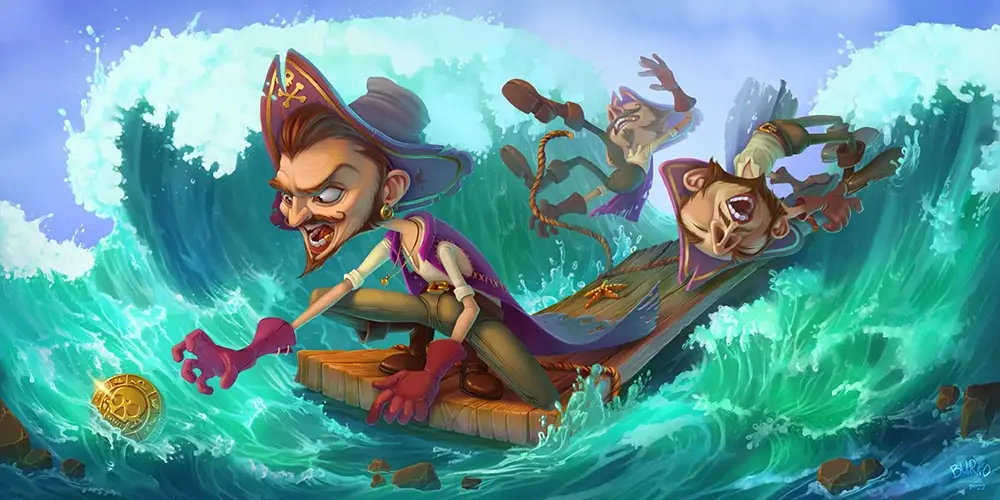 Animated pirate characters on a wooden raft navigating rough, large ocean waves with one pirate reaching for a golden coin.