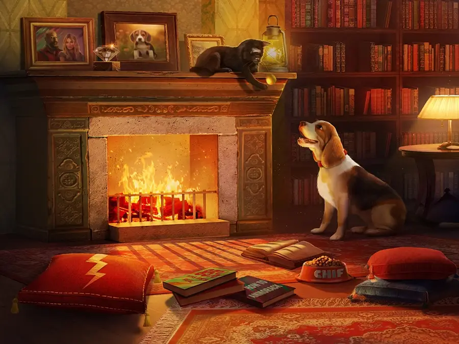 Cozy library scene with a lit fireplace, a black cat playing with a ball on the mantel, and a beagle dog sitting attentively on the floor surrounded by cushions, books, and a dog bowl.