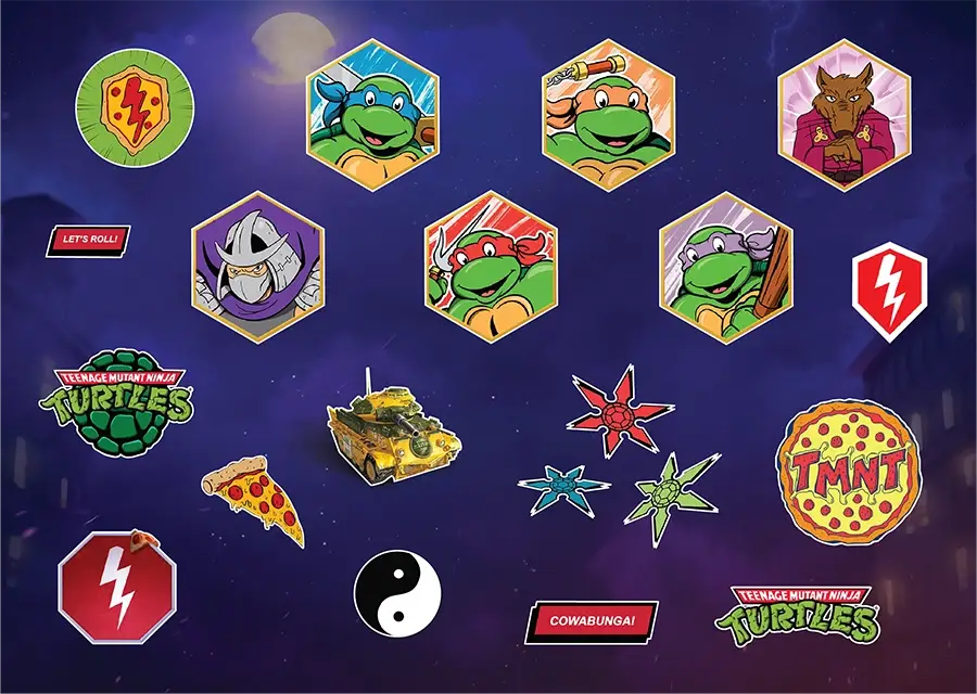 Collection of Teenage Mutant Ninja Turtles stickers including all four turtles, Shredder, Splinter, logos, pizza slices, ninja stars, a tank, yin-yang symbol, and phrases like 'LET'S ROLL!' and 'COWABUNGA!'.