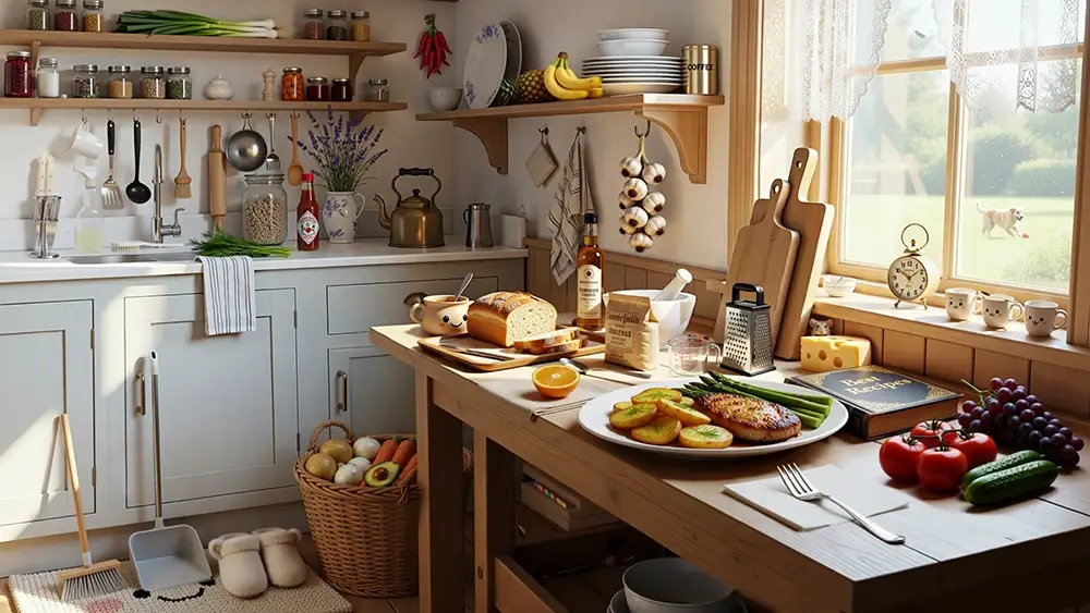Sunlit kitchen with wooden table set for a meal including grilled chicken, potatoes, asparagus, and fresh vegetables, with shelves, spice jars, and a window overlooking a dog playing outside.