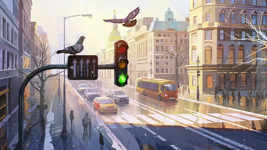 City street with traffic signal showing green, pigeons perched and flying near the light, vehicles including a bus and cars on wet road, and pedestrians walking along sidewalks.