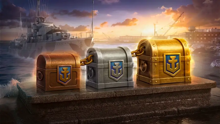 Three chained treasure chests in bronze, silver, and gold with naval anchor emblems, set on a stone platform by a harbor at sunset.