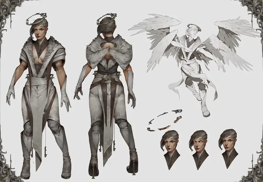 Character design sheet showing front and back views of a person in detailed fantasy attire with fur, gloves, and boots, including flying pose with large feathered wings and three headshot variations.