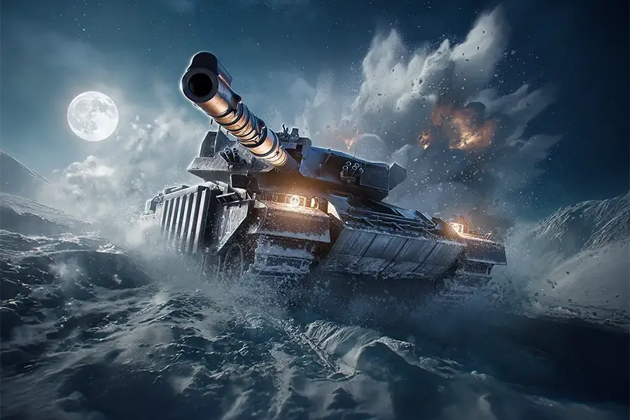 Military tank moving through snowy terrain at night under full moon with explosions in the background.