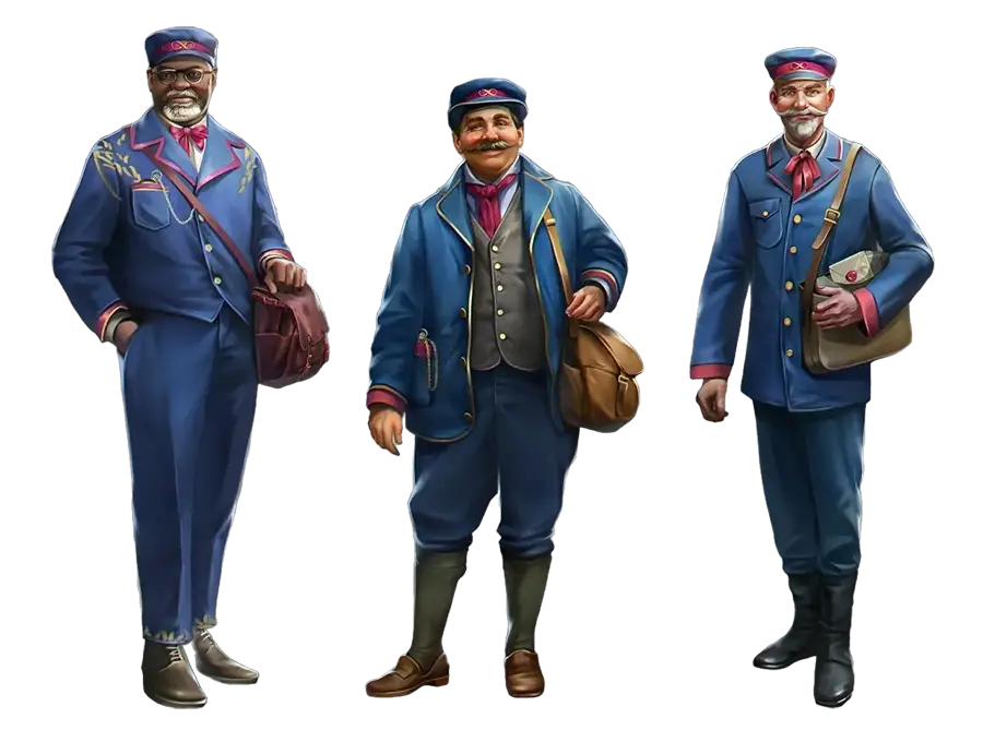 Three men dressed in vintage blue postal uniforms with hats and satchels, standing side by side.
