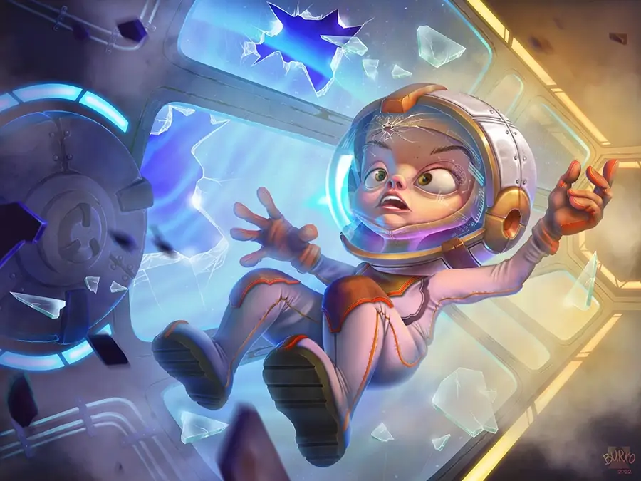 Cartoon astronaut floating inside a spaceship with a cracked helmet visor and shattered window around.