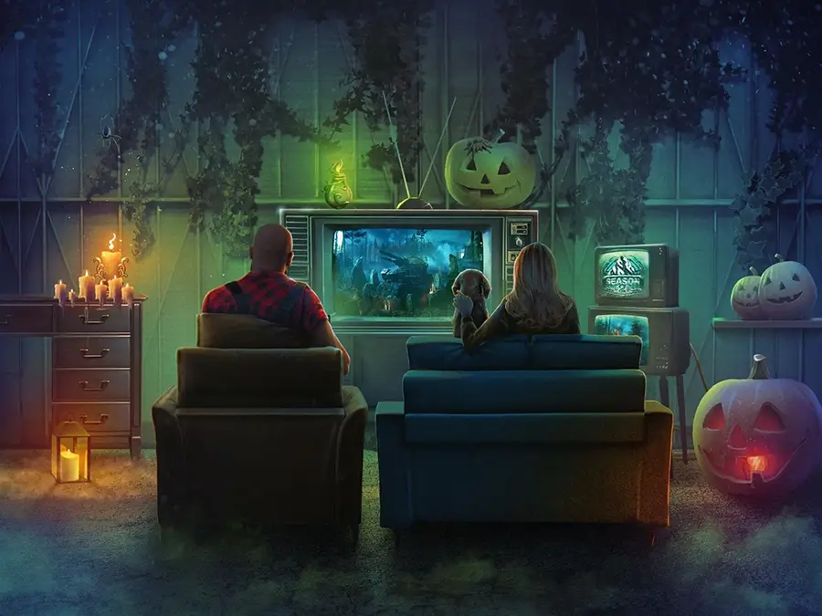 Man and woman sitting in armchairs watching a retro TV set, surrounded by Halloween decorations including glowing jack-o'-lanterns and candles.
