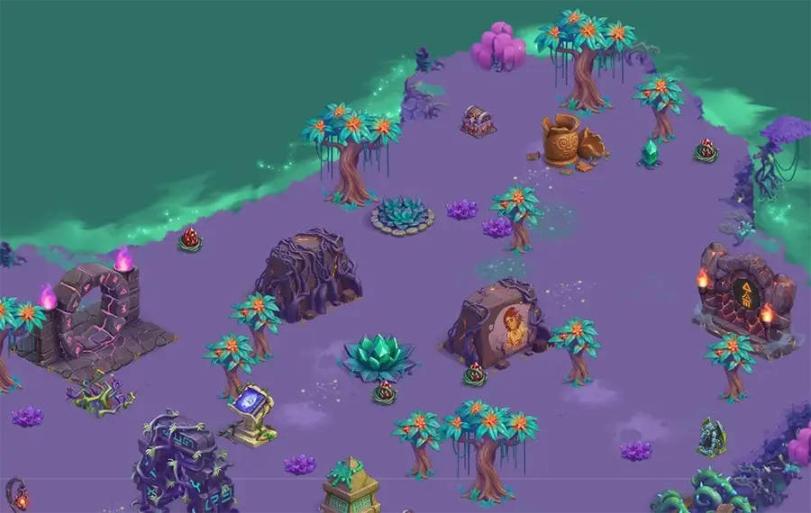 Fantasy game map with purple terrain, glowing crystals, magical trees with orange flowers, ancient stone structures, and mystical artifacts.