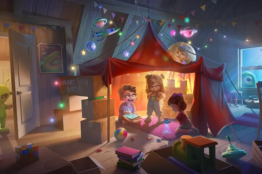 Four children playing in a cardboard fort labeled 'Martian Base' decorated with space-themed lights and toys, while a green alien peeks through a door and a one-eyed monster looks through a window during a lightning storm.