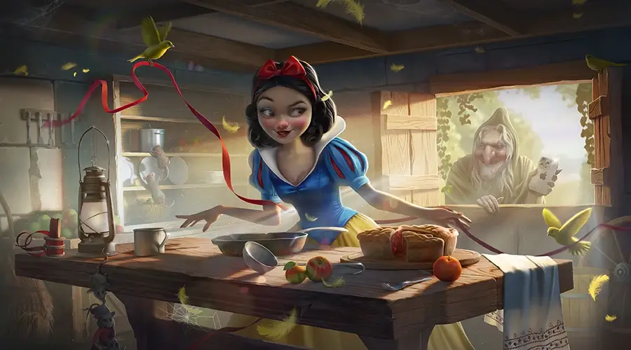 Animated Snow White in a rustic kitchen leaning over a wooden table with pies, fruit, and kitchenware as a hooded old man peers in through a window holding a playing card.