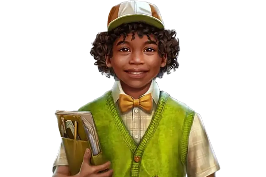 Smiling young boy with curly hair wearing a brown and white cap, green sweater vest, yellow bow tie, and holding a folder with papers and pencils.