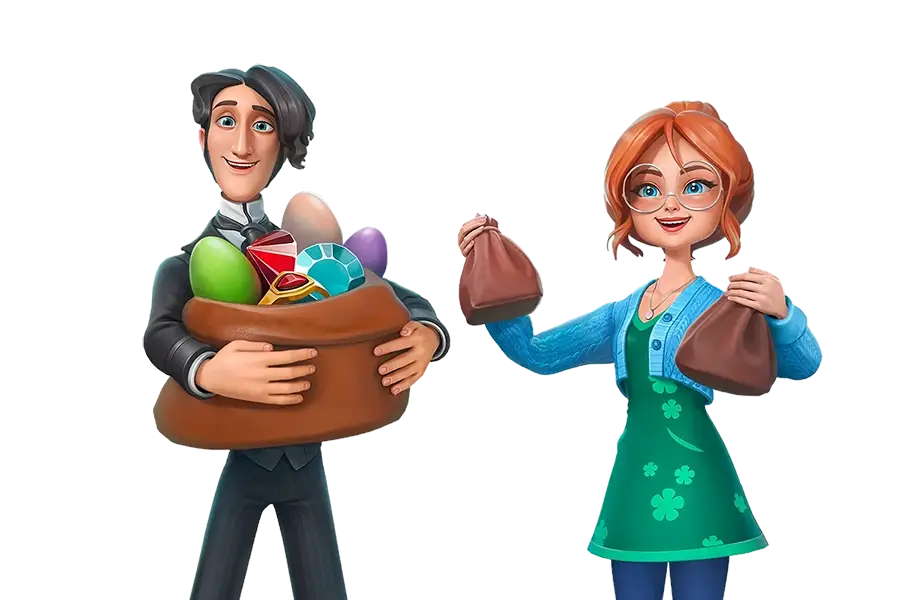 Animated man holding a brown bag filled with colorful gems and a woman wearing glasses and a green dress holding two small brown bags.