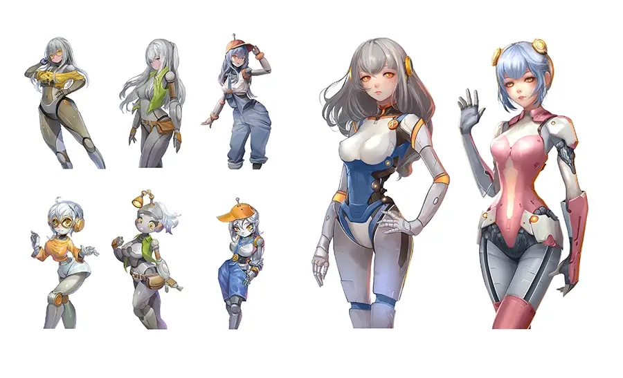 Digital art of eight stylized female android characters with varied futuristic outfits and hair colors, posed against a white background.