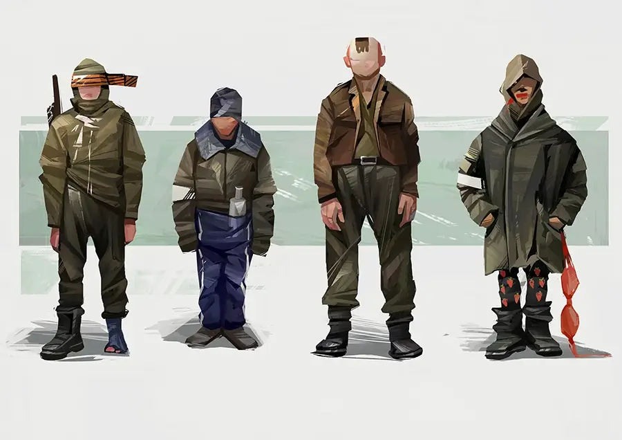 Digital illustration of four stylized soldiers standing side by side, each wearing distinct military-inspired clothing and accessories.