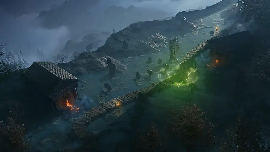 Foggy nighttime graveyard scene with stone mausoleums, a wooden pathway, a glowing green magical circle, and a statue of an angel.