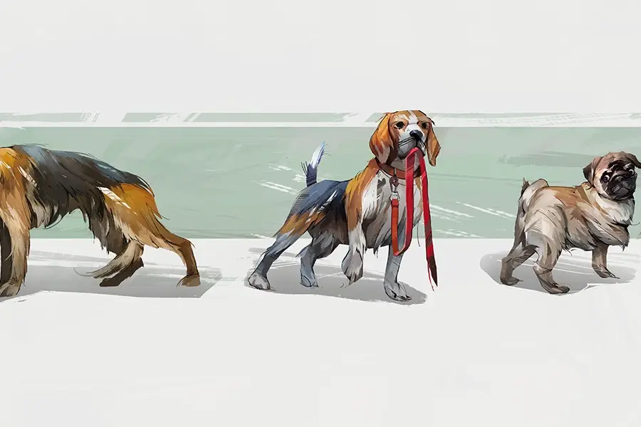Illustration of three dogs including a German Shepherd, a Beagle holding a red leash in its mouth, and a Pug, all standing in a row.
