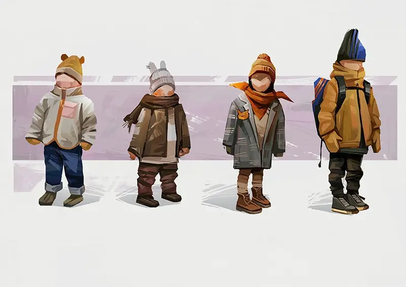 Illustration of four children dressed in winter clothes including hats, scarves, coats, and boots standing against a light background.