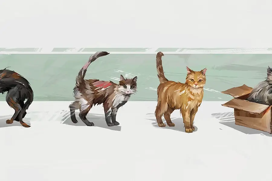 Digital painting of four cats in various poses, with the fourth cat sitting inside a cardboard box.