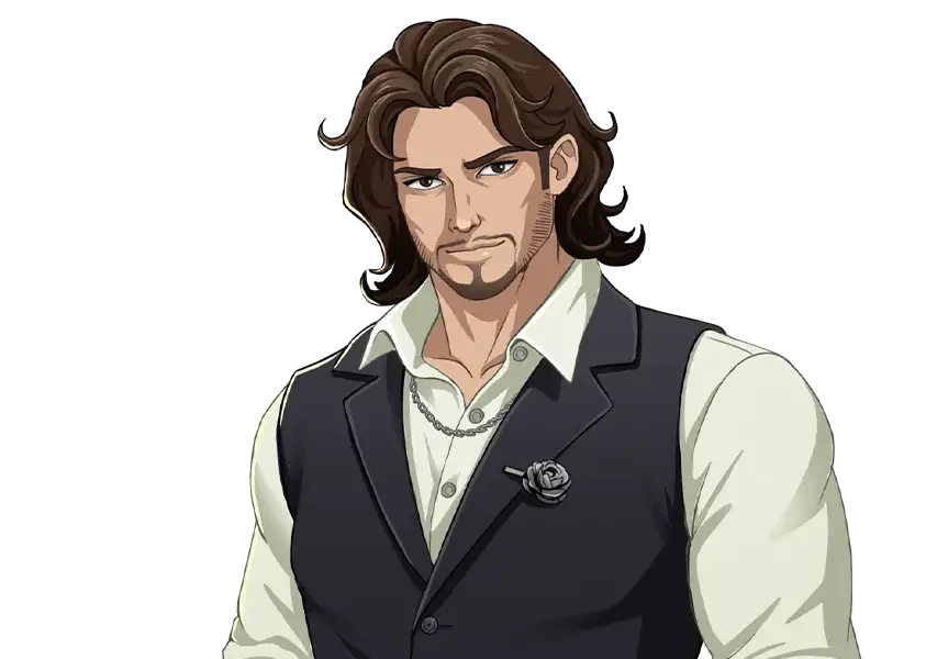 Anime-style man with medium-length brown hair, beard, white shirt, and black vest with a chain and flower pin.