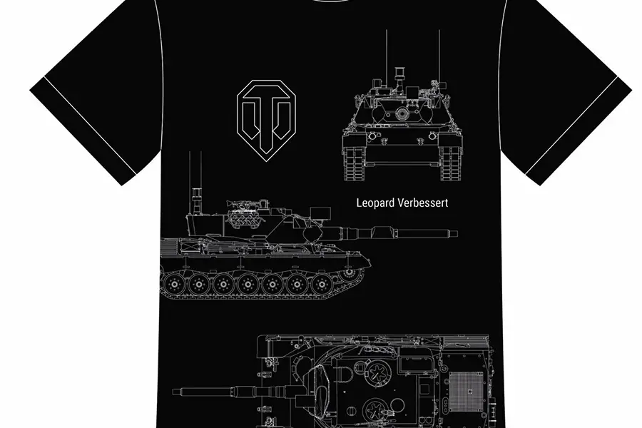 Black t-shirt featuring technical white line drawings of a tank from front, side, and top views, with text 'Leopard Verbessert' and a stylized logo above the side view.